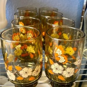 8 Vintage Libbey Accent Glasses Butterflies flowers Tawny Brown 16 oz MCM Rare